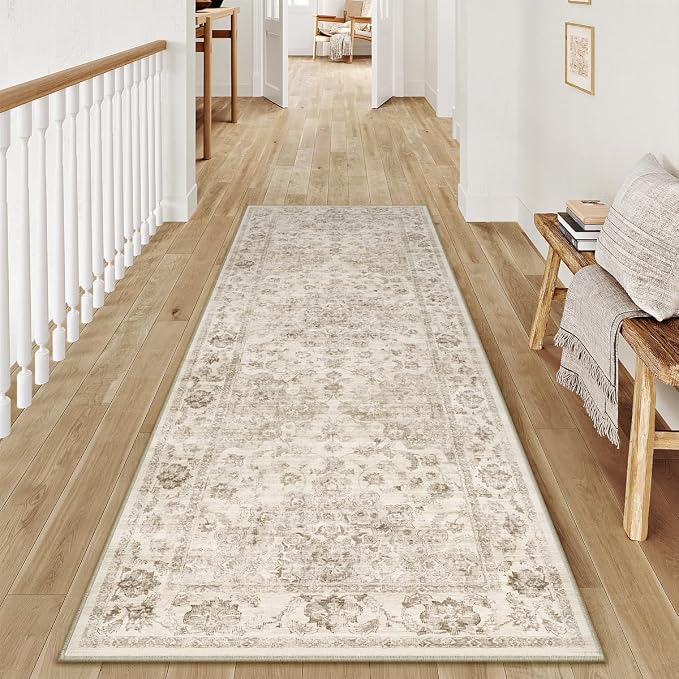 2x6 Beige Neutral Runner Rug | Washable, Non Slip, Soft Low Pile, Vintage Farmhouse, for Hallway Kitchen Laundry Bathroom Bedroom Living Room Home Decor