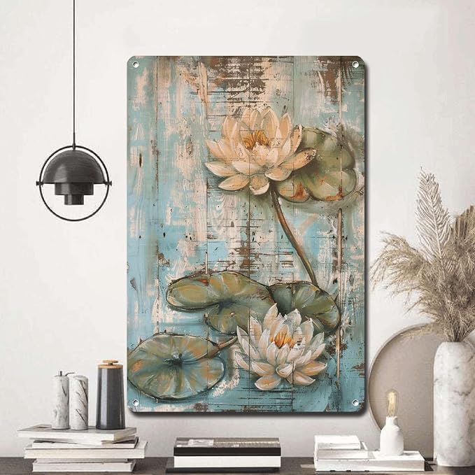 Metal Sign Tin Sign Vintage Wall Art Shabby Chic Water Lilies Tin Sign for Antique Pond Serenity Rustic Wall Art and Distressed Wood P Funny Gardening Gift for Pub 8×12 Inches