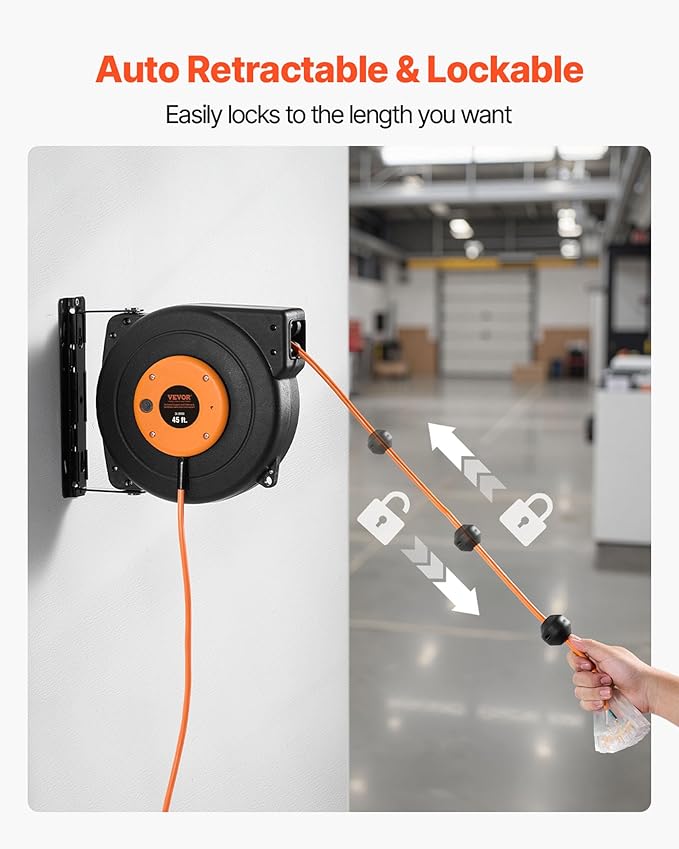 VEVOR Retractable Extension Cord Reel, 45 FT, Heavy Duty 12AWG/3C SJTOW Power Cord, with Lighted Triple Tap Outlet, 15 Amp Circuit Breaker, 180° Swivel Bracket for Ceiling or Wall Mount