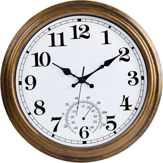 16 Inch Large Outdoor Clock Retro Waterproof Clock Non-Ticking Indoor/Outdoor Wall Clock with Thermometer, Battery Operated for Pool, Patio, Garden, Bronze