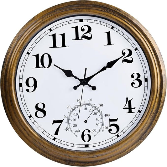 16 Inch Large Outdoor Clock Retro Waterproof Clock Non-Ticking Indoor/Outdoor Wall Clock with Thermometer, Battery Operated for Pool, Patio, Garden, Bronze