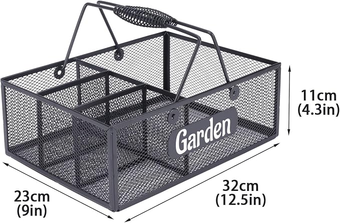 Garden Tool Storage, 4 Compartments Metal Mesh Garden Caddy, Portable Garden Basket with Handles, Gardening Tool Organizer for Indoor and Outdoor, Gardener Gift for Gardening Lovers, Black