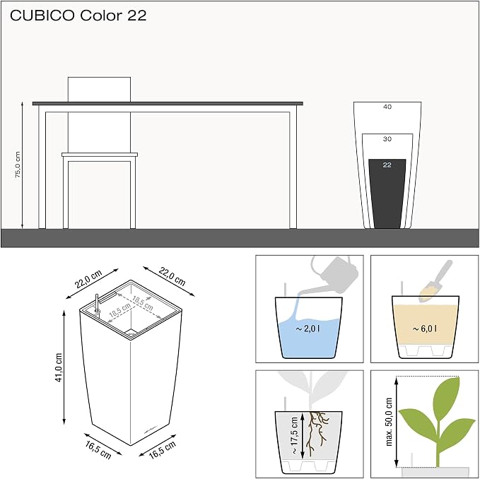 Lechuza CUBICO Color 22 Slate, Self-Watering Tall Planter, H16.1 L8.7 W8.7 in