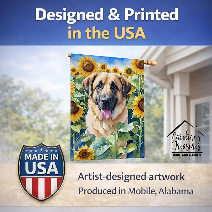 Caroline's Treasures DAC6012CHF Anatolian Shepherd in Sunflowers House Flag Large Porch Sleeve Pole Decorative Outside Yard Banner Artwork Wall Hanging, Polyester, House Size, Multicolor