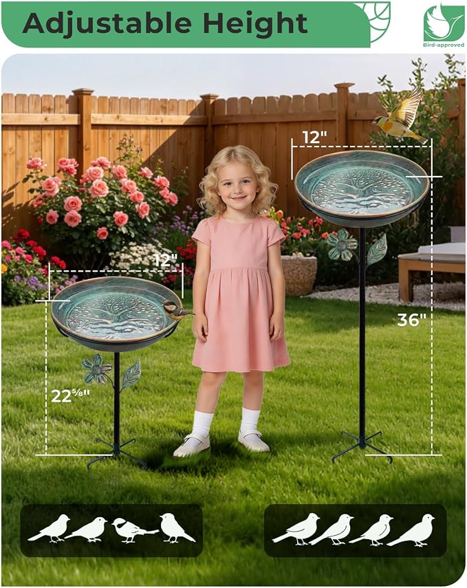 Metal Bird Bath for Outside 12" Tree of Life Birdbath Bowl with Stake | Adjustable Height Vintage Outdoor Bird Bath | Rust Resistant Easy to Clean for Garden Yard Lawn Decor Decor, Green