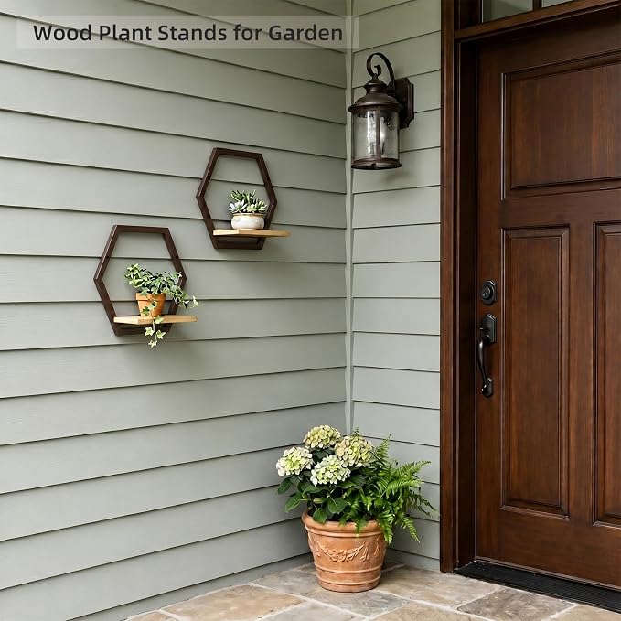 2 Pack Solid Wood & Metal Framework Wall Plant Stands,9 inch Natural Wood Shelf of Indoor,Mid Century Modern Hanging Planter for Outdoor Entryway 25 LB Load for Plants Coffee