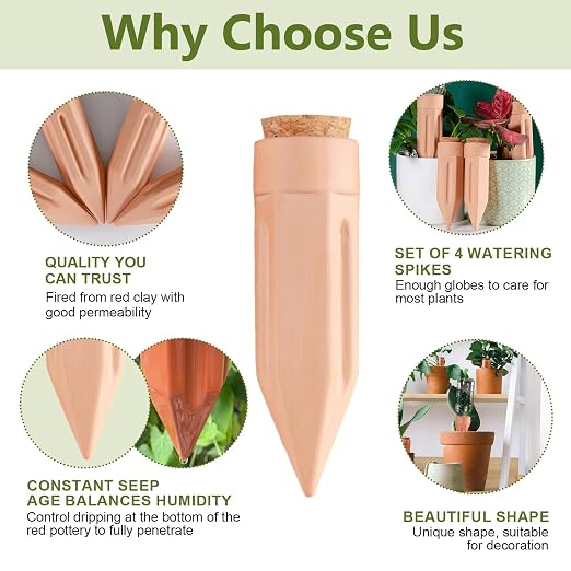 Terracotta Watering Spikes, 4 Pack Plant Watering Devices Self Watering Spikes Vacation Clay Watering Stakes Garden Plant Watering Globes for Indoor & Outdoor Plants