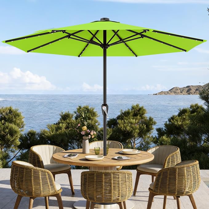 AreShark 12FT Large Patio Umbrella with Solar Lights, Solar Powered Outdoor Umbrella with Crank, Patio Table Market Umbrellas for Garden, Deck, Backyard, Pool and Beach, Apple Green