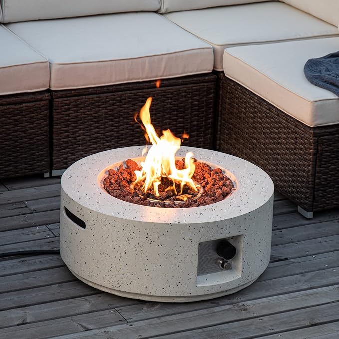 COSIEST Outdoor Propane Fire Pit Coffee Table, 28-inch Terrazzo Round Base Patio Heater, Certified, 40,000 BTU Stainless Steel Burner, Free Lava Rocks, Waterproof Cover
