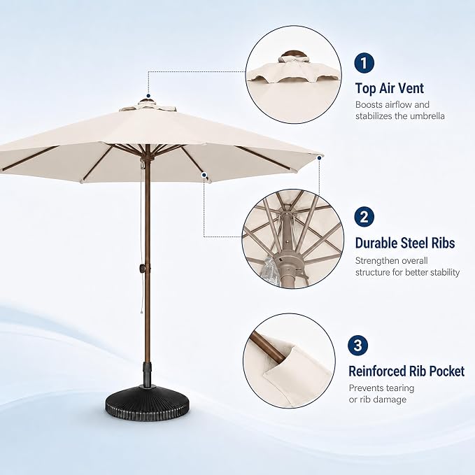 9FT Patio Umbrella, Outdoor Table Umbrella with Rope Pulley Lift, 3 Adjustable Heights, Market Umbrellas for Backyard, Pool and Deck, UPF50+