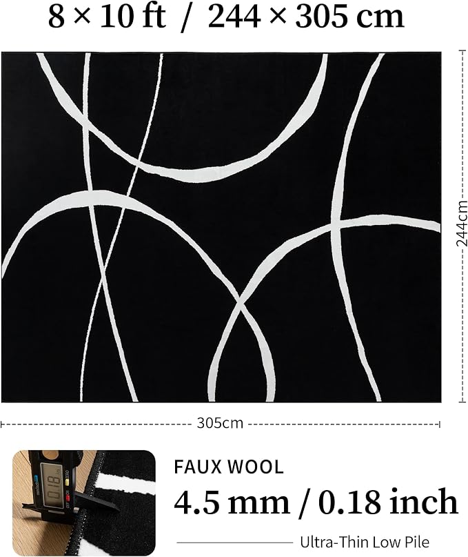 8x10 Washable Modern Abstract Black White Area Rug | Ultra-Thin Low Pile, Non-Slip TPE Backing, Soft Stain Resistant, Machine Washable, for Hallway Entryway Laundry High Traffic