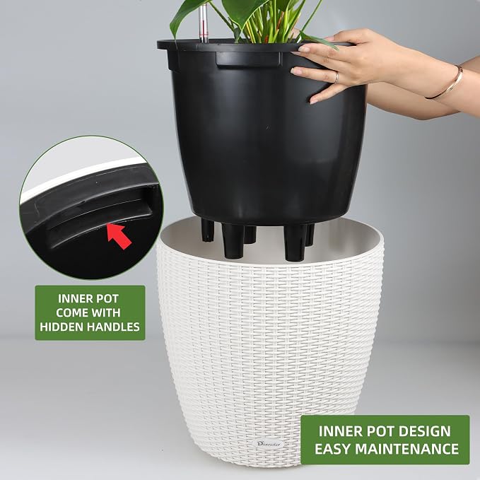 Dexceder 15x14 Self Watering Planter with Wheels (Ivory White Rattan) | Inner Pot Design, Thickened Large Floor Standing Flower Plant Pot with Water Level Indicator Indoor Outdoor