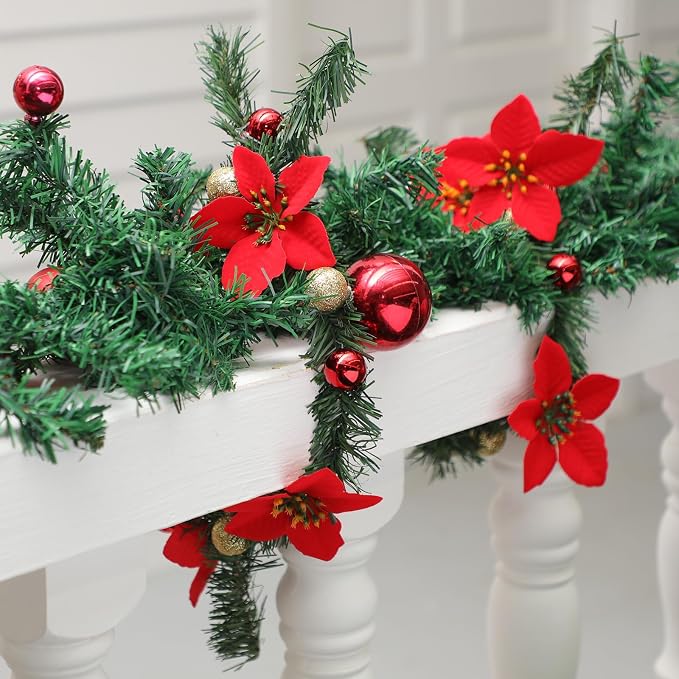 Zhengmy 30 Pcs 20 Inch Christmas Garland Ties with Poinsettia & Ornaments, Decorative Twist Tie for Banister Flexible Pine Stems for Christmas Stairs Railing Banister Decor DIY Craft Gift Wrapping