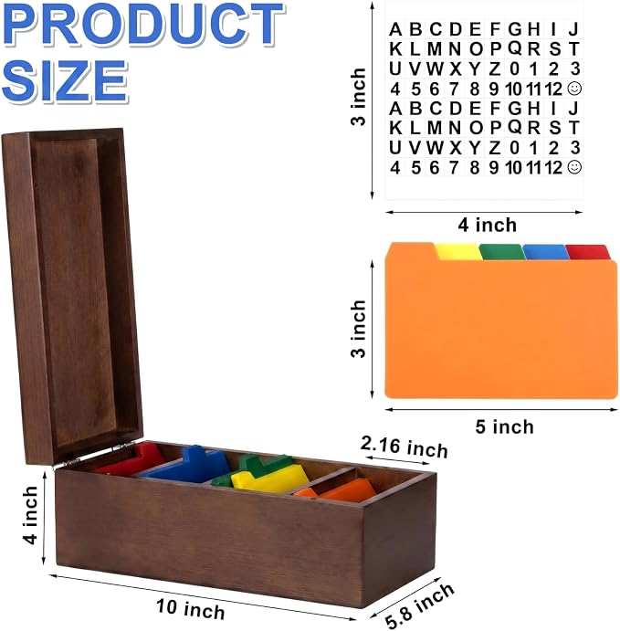 Henoyso 3 x 5 Inch Index Card Holder Set, Bamboo Index Cards Organizer, 50 Pcs Dividers 2 Sheets Alphabet Number Stickers File Note Holders for Office Business Classroom, Brown