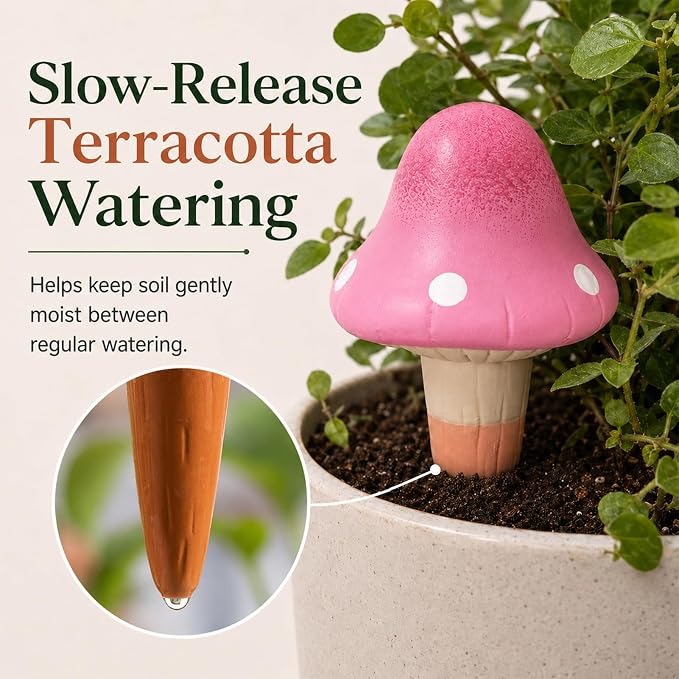 Terracotta Watering Spikes 4 Pack, Cute Self Watering Plant Spikes, Clay Plant Watering Devices, Slow Release Self Watering Planter Insert for Indoor Outdoor Potted Plants (Mushroom) | Porous terracotta, Top refill design, Decorative owl shape, Easy pl...