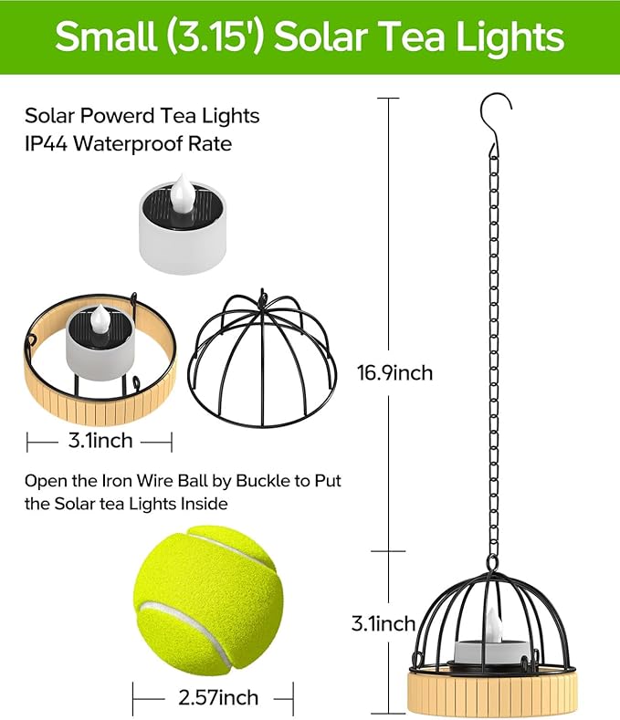 KOOPER Hanging Solar Lanterns Outdoor Waterproof, 4 Pack Flickering Solar Powered Tea Lights, Rust Iron Ball Candle Holder Hanging Solar Lights for Backyard Garden Patio Yard Fence Tree Decoration