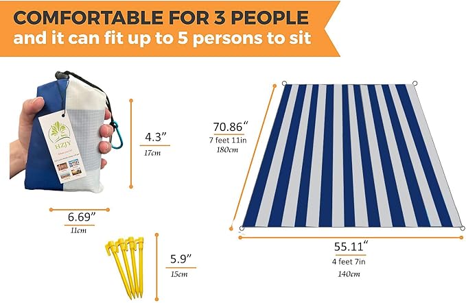 Pocket Blanket 71"x55", Lightweight Compact Sandproof Waterproof Outdoor Blanket for Beach, Hiking, Camping, Travel, Festivals, Picnic with Pockets, Loops, Stakes, Carabiner