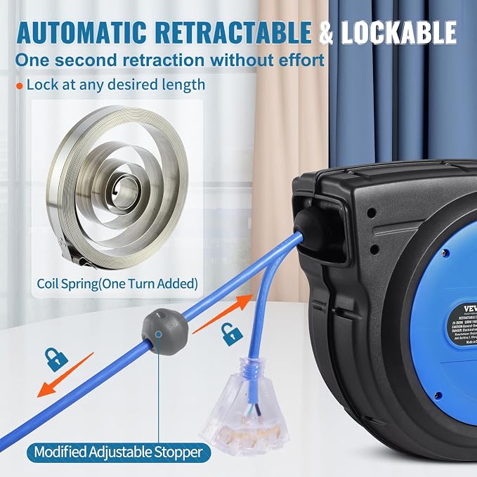 VEVOR 75FT Retractable Extension Cord Reel, 14AWG/3C SJTOW Heavy Duty Power Cord w/Lighted Electrical Triple Tap Outlets, 13A Circuit Breaker,180° Swivel Bracket for Workshop or Garage, Blue