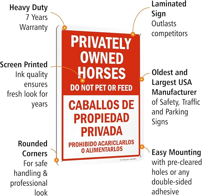 SmartSign 14 x 10 inch “Privately Owned Horses - Do Not Pet Or Feed” Bilingual Metal Sign, 40 mil Laminated Rustproof Aluminum, Red and White, Made in USA