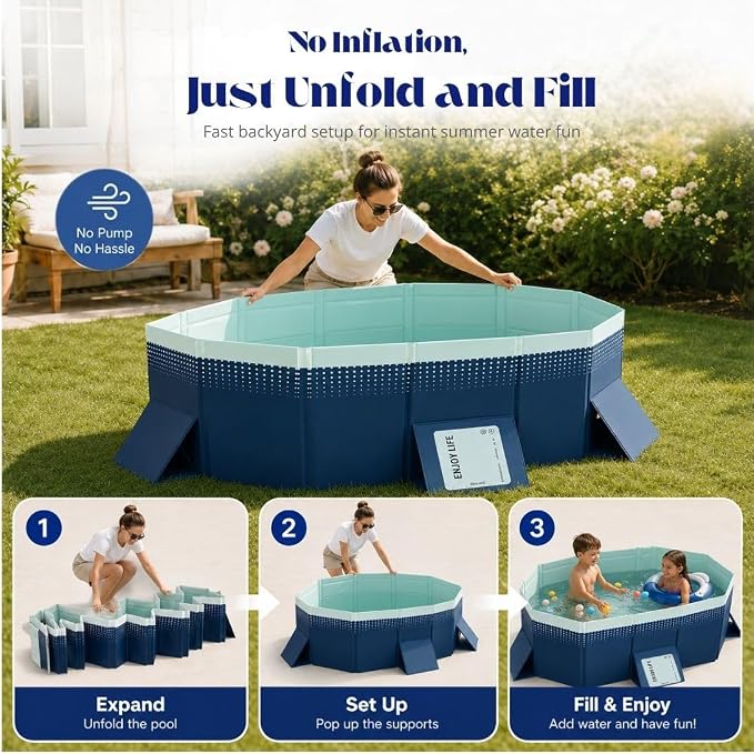 65.35-Inch Foldable Swimming Pool, Blue Non-Inflatable Rectangular Pool for 1-2 People, 4-Layer Composite PVC, Aluminum Alloy Frame, Dual Drains for Backyard Fun