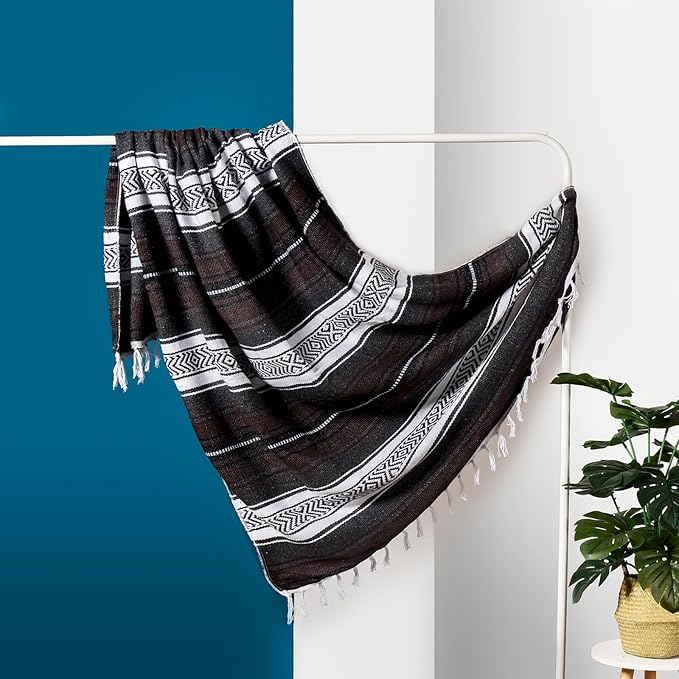 Airooglee 69" L x 51" W Large Mexican Blanket - Perfect as Yoga Outdoor Beach Serape Picnic Camping Blanket, Woven Blanket, Boho Home Décor - Grey
