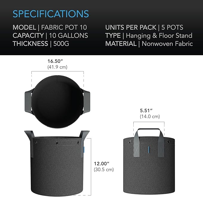 AC Infinity Heavy Duty Fabric Pots, 10 Gallon Aeration Reusable Grow Bags 5-Pack with 500G Thick Nonwoven Fabric and Multi-Purpose Rings, for Low Stress Plant Training Fruits, Vegetables, and Flowers