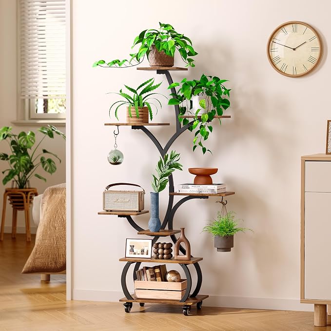 VINGLI Plant Stand Indoor with Grow Lights, 48" Small Space Plant Stand, 8-Tier Mobile Plant Shelf, Lighted Display Rack for Apartment, Living Room & Balcony, Black and Brown