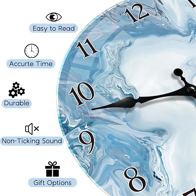 Britimes Round Wall Clock Silent Non-Ticking Battery Operated Outdoor Waterproof Glass Clock 12 Inch, Blue Marble Home Decor for Living Room, Kitchen, Bathroom, Bedroom, and Office