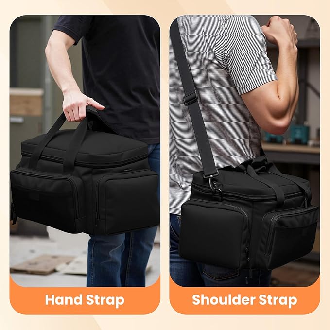 VJI Heavy Duty Tool Bag with Multi-Pockets, Portable Storage Bag with Large Zipper, Carrying Toolbag with Adjustable Shoulder Strap and Ergonomic Handle, Repairman, Carpenters, Handyman, Black