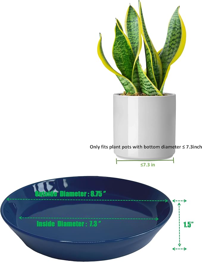 Plant Saucer 8 Inch, 2 Pack Large Plant Saucers Ceramic Tray 8 inch (7.3" Inner) for Flower Pot, Classic Sturdy Planter Water Catcher Tray for Plant Base, Blue