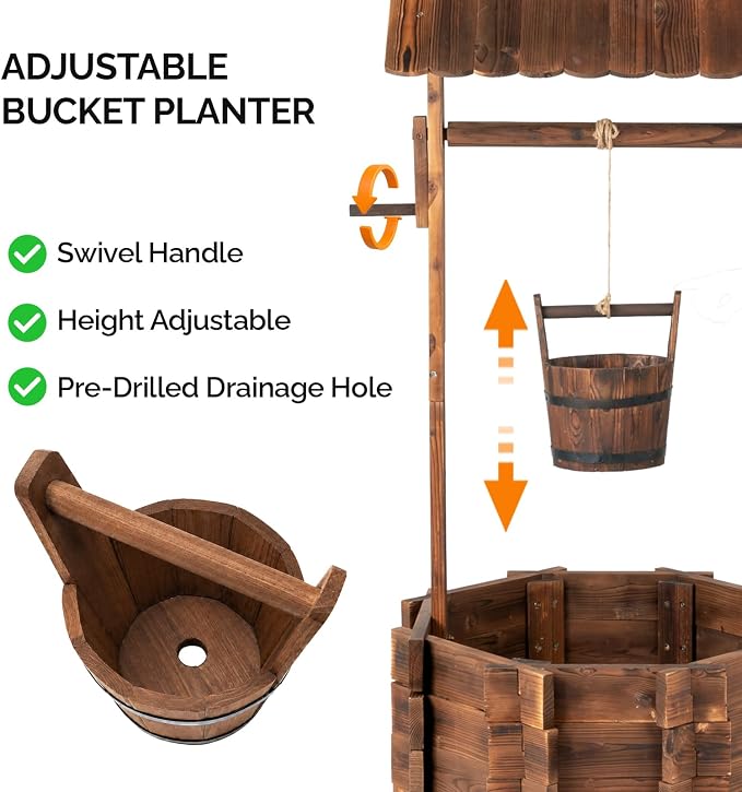 VINGLI Wooden Wishing Well Outdoor Planters, Well Covers for Yard with 2 Reinforced Rods, Height Adjustable Hanging Bucket, Rustic Flower Pot Decor for Outside Patio Garden (Carbonized, 22" Width)