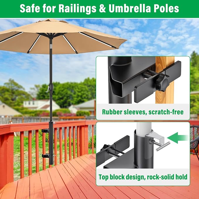 Heavy Duty Deck Railing Umbrella Holder, Adjustable Patio Umbrella Stand for 1-2 Inch Poles, Secure & Sturdy Railing Mount with Locking Pin, Maximizes Deck Space