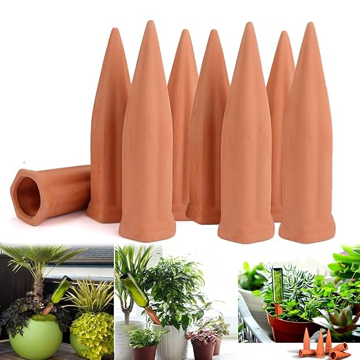 Terracotta Watering Spikes, 8 Pack Plant Watering Devices Self Watering Spikes Vacation Clay Watering Stakes Garden Plant Watering Globes for Indoor & Outdoor Plants