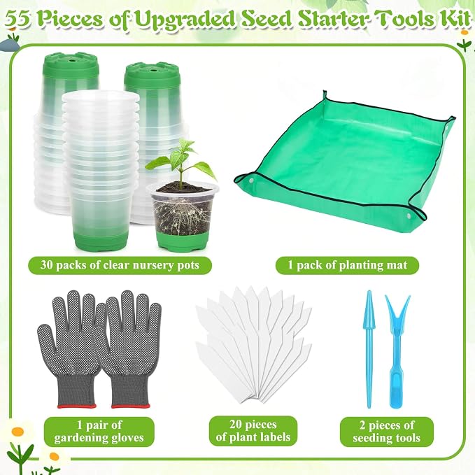 Caffox 55PCS Reusable Seed Starter Kit Includes 30 Packs 3.5" Clear Nursery Pots with Silicone Base, Repotting Mat, Gardening Gloves, Plant Labels and Seedling Tools for Easy Transplant