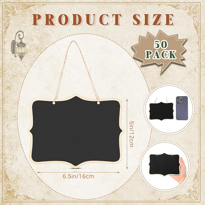 EBOOT 50 Pcs Mini Chalkboard Sign Reusable Wood Chalkboards with Hanging String Erasable Double Sided Small Hanging Blackboard for Message Board Sigs Price Labels Party Buffet Plant Food Name Tag