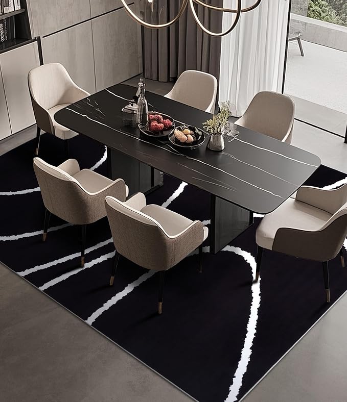 Black Modern Area Rug 6x9,Abstract Rugs for Bedroom,Black and White Geometric Rug,Minimalist Wave Rug,Dark Washable Area Rugs 6x9 Non Slip Rugs for Living Room，Office