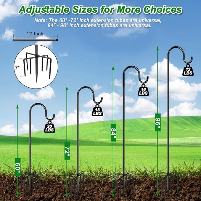 ANIDEER 96" Shepherds Hooks for Outdoor, Heavy Duty Garden Bird Feeder Pole Hanging Bird Feeder, Solar Light Lanterns, Outdoor Plant Hanger Hook with 7 Base Prongs, 1 Pack