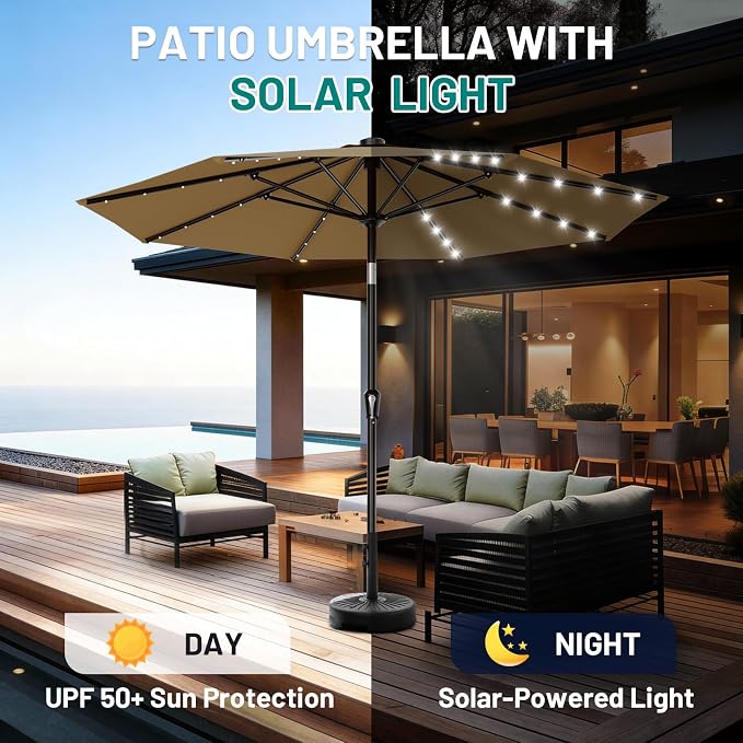 AreShark 9FT Patio Umbrella with Solar Lights, 32 Lighted Pool Umbrella w/Tilt and Crank, Outdoor Market Solar Umbrellas for Garden, Deck, Backyard, Pool and Beach, Khaki