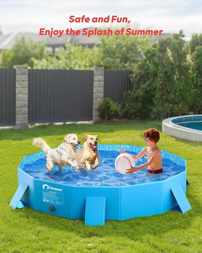 Peteast Dog Pool for Large Dogs, Foldable Hard Plastic, 71 in | Collapsible Kiddie Pool with Stable Side Support for Pets and Kids