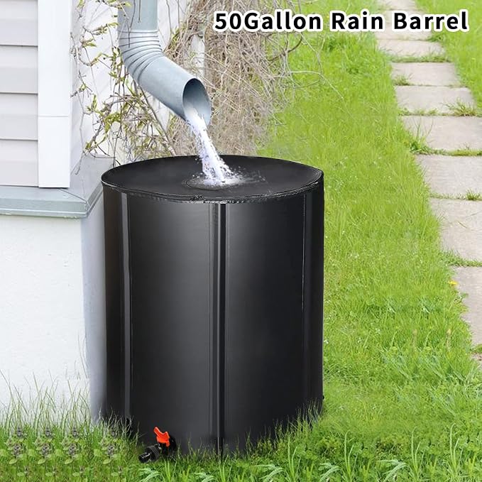 50 Gallon Collapsible Rain Barrel, Folding Water Storage Container, Portable Rain Collection, Water Storage Tank PVC for Garden Water Catcher with Screen Mesh Protector Black