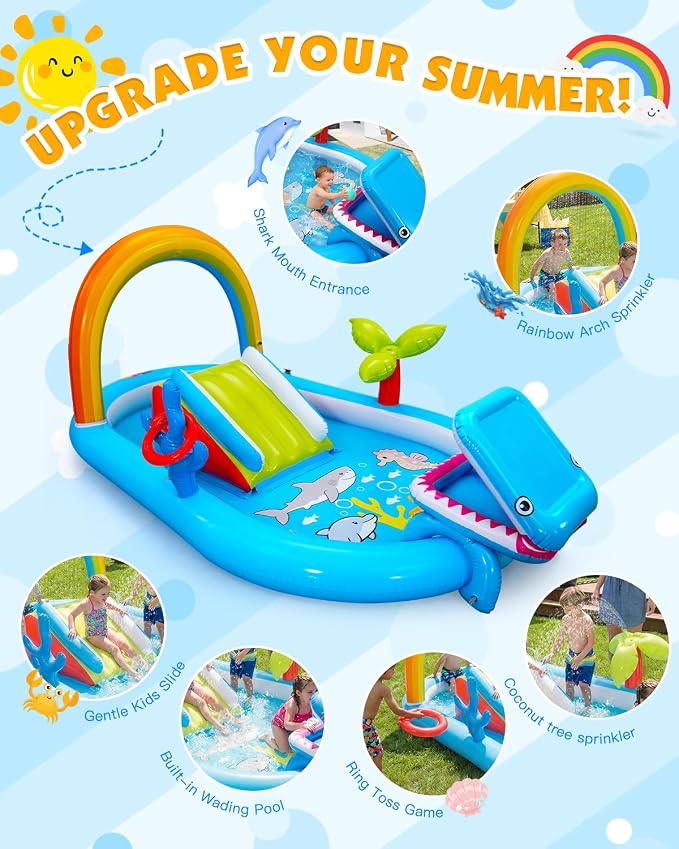 Whubefy Inflatable Kids Play Center Outdoor/Indoor 98 × 64 × 39 in Kid Pool Slide, with Water Sprayer, Waterfall, and Ocean Ball, Multicolor (Without Blower)