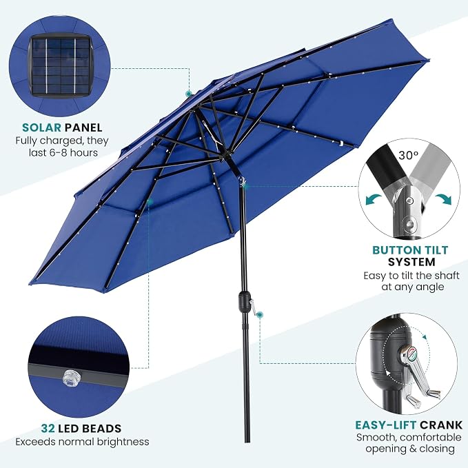 DUMOS Outdoor Solar Patio Umbrella 3 Tiers with 32 LED Lights, Beach Market Table Umbrella with Crank and 8 Sturdy Ribs for Pool, Terrace, Restaurant