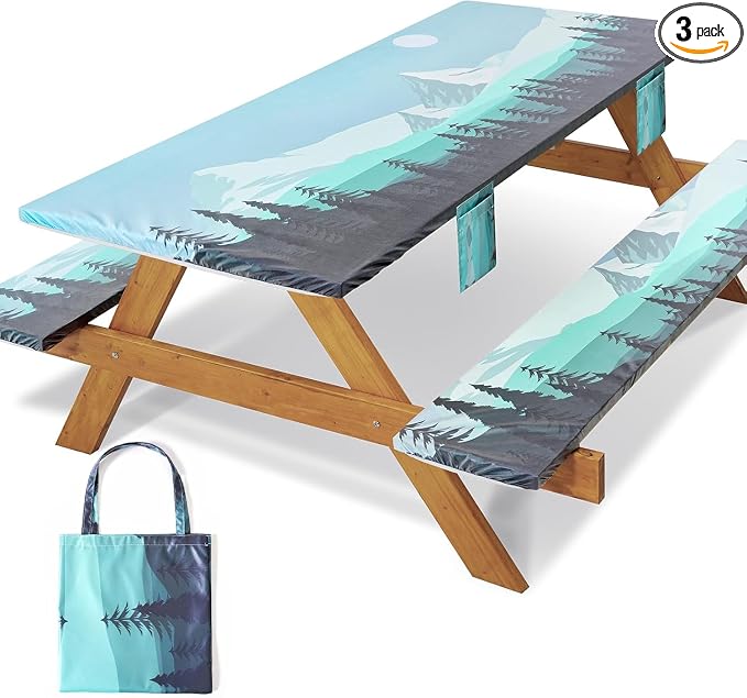Jobunai Fitted Picnic Table Cover with Bench Covers Elastic Waterproof Outdoor Camping Tablecloth for 6 Foot Rectangle Tables Camper Summer Accessories Rv Car Essentials Vacation Gifts for Women Men