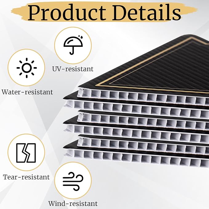 Menkxi 10 Pcs Wedding Parking Sign with Stake, Double-sided Parking Direction Signs, Corrugated Plastic Black & Gold Yard Signages for Party Outdoor Events – Includes 17" x 6" and 12" x 16" Sizes