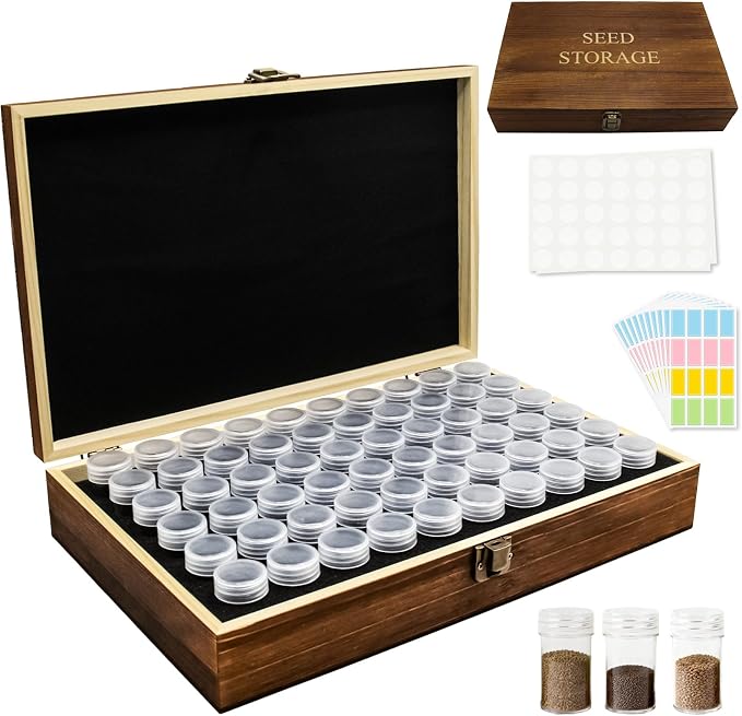 Seed Storage Organizer,60 Slots Pine Wood Seed Storage Box,Portable Seed Saving Box with 230 Labels,Seed Container,Wooden Seed Organizer Kit For Flower Plants Vegetable Seed