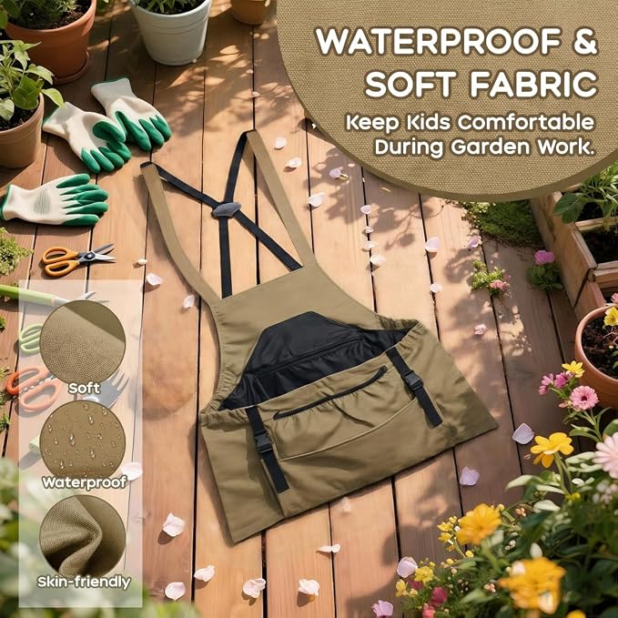 Kids Gardening Apron,Canvas Garden Apron with Pockets and Harvesting Pouch for 6-12 Grils and Boys