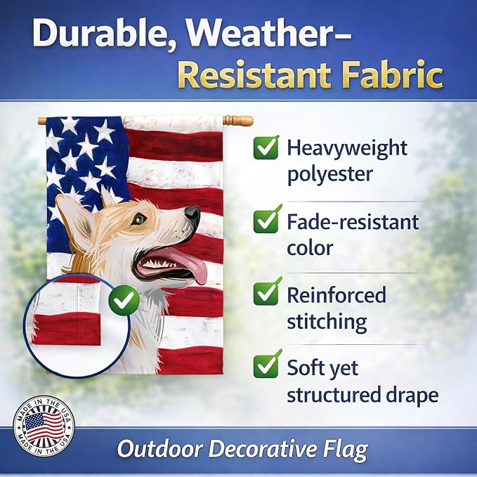 Caroline's Treasures CK6751CHF Pembroke Welsh Corgi American Flag House Flag Large Porch Sleeve Pole Decorative Outside Yard Banner Artwork Wall Hanging, Polyester, House Size, Multicolor