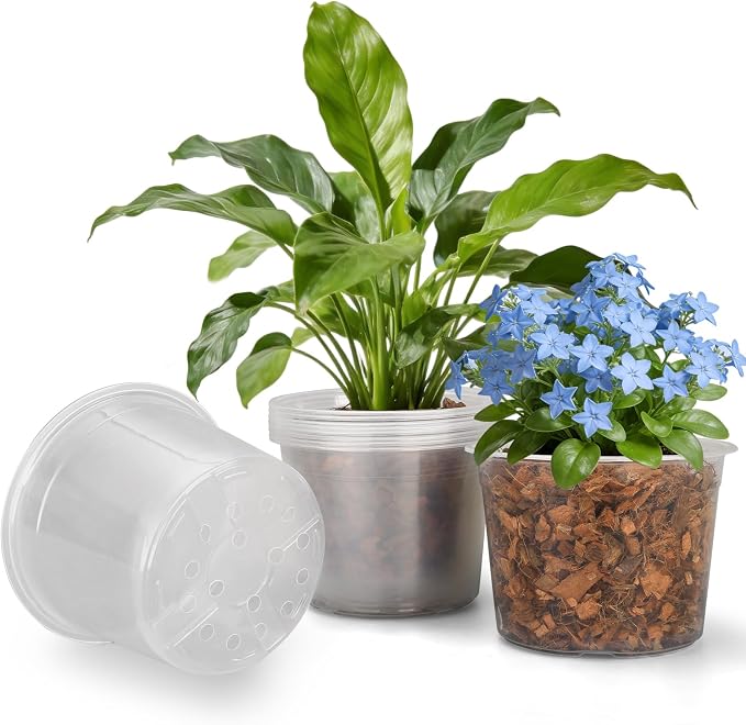 10 Inch Large Size Clear Nursery Pots with Drainage Holes, 5 Packs Plastic Pots for Plants, Transparency Durable Seedling Starter Pot for Succulents Flowers Herb Vegetables