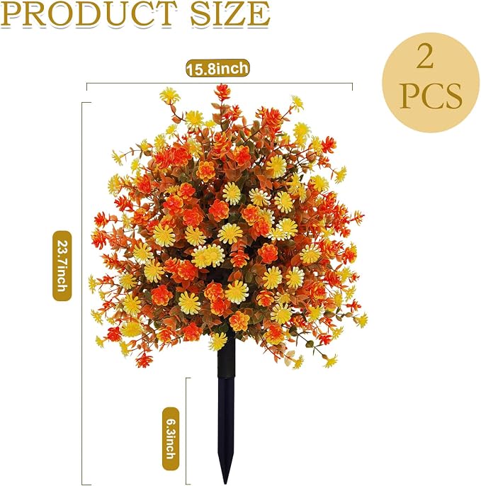 Spring Mums Flowers Artificial Topiary Ball Tree with Spike, Set of 2 Boxwood Ball Faux Shrubs Bushes with Orange Flowers,UV Resistant Fake Mums Plants for Front Porch Garden,23"
