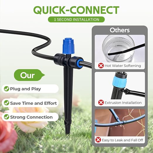 HIRALIY 50FT Quick-Connect Drip Irrigation Kit, Garden Watering System with 40FT 1/4" Tubing, 10FT Main Hose & 12 Adjustable Drippers for Patio Pots, Raised Beds & Small Vegetable Gardens